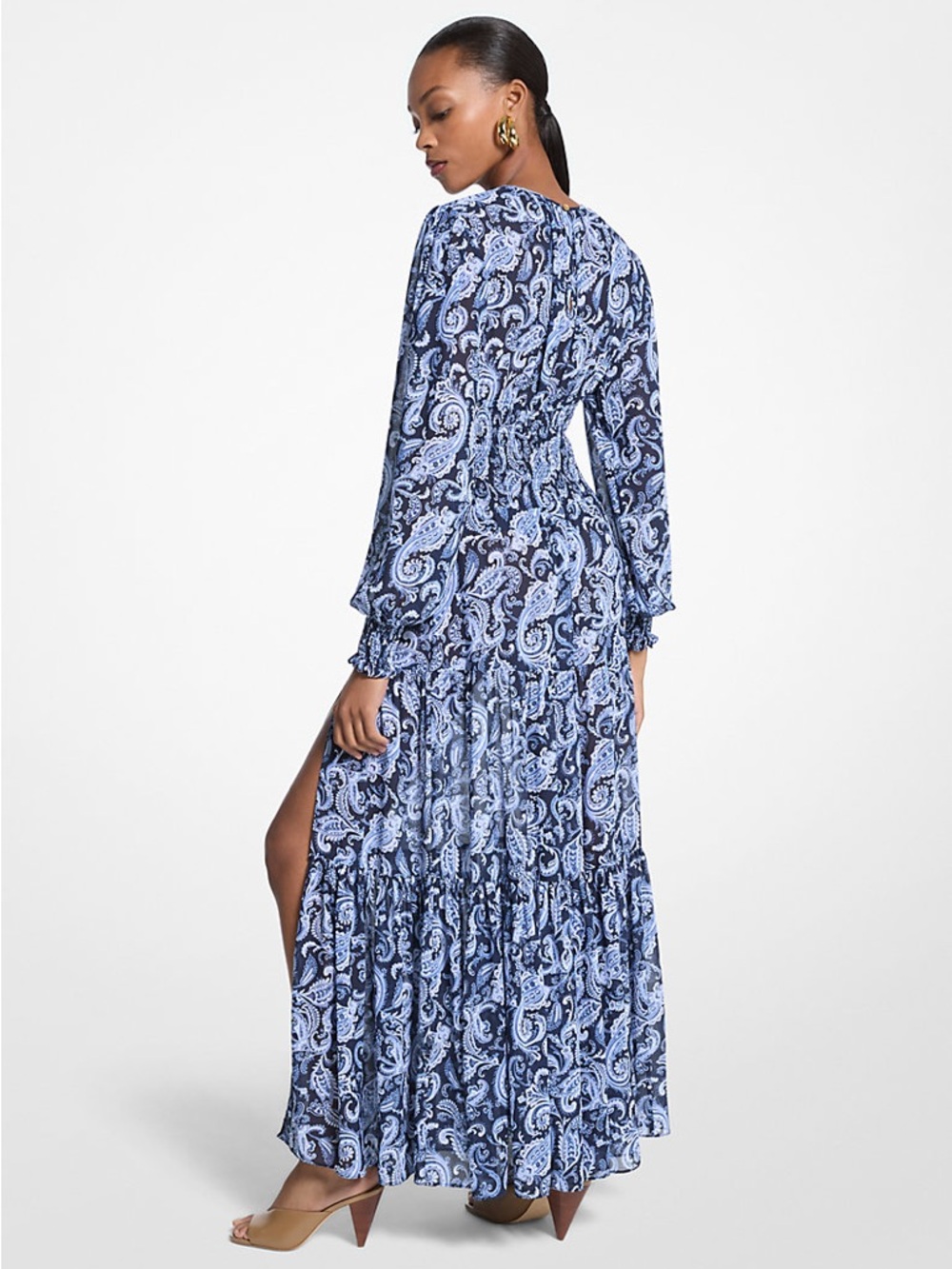 MICHAEL Michael Kors Blue Paisley Long-Sleeve Maxi Dress with Side Slit - Picture 2 of 5